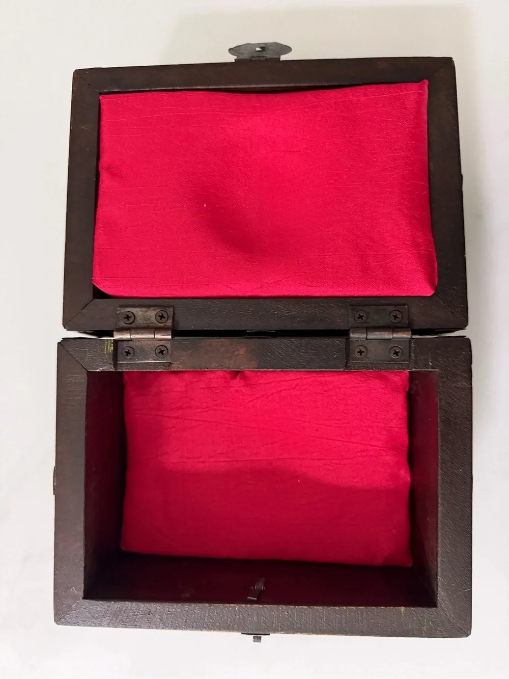 Vintage Wood Jewelry Box Spanish Revival Keepsake Chest Trunk Red Lining